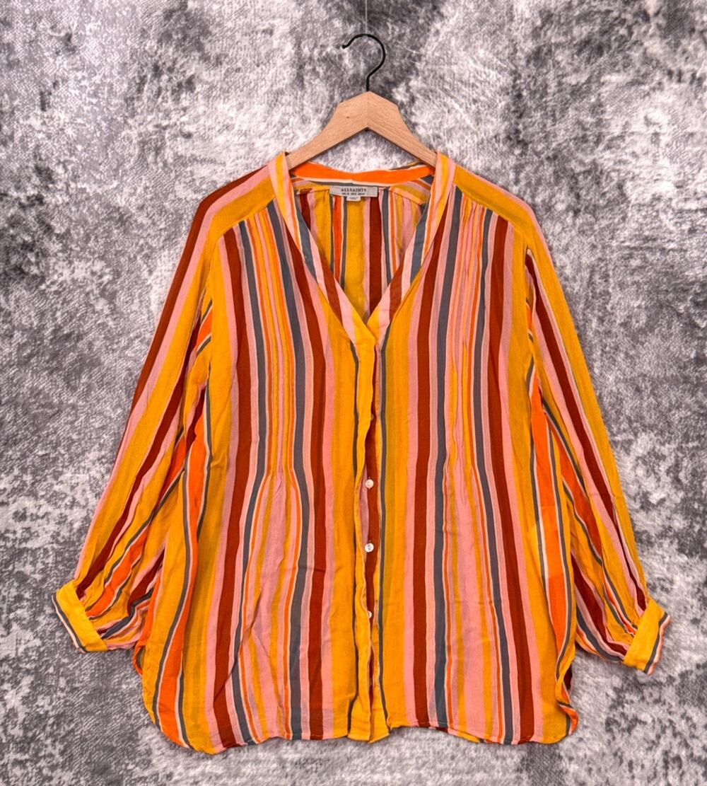 All Saints Top 8 Womens Colorful Striped Button Down Blouse Long Sleeve